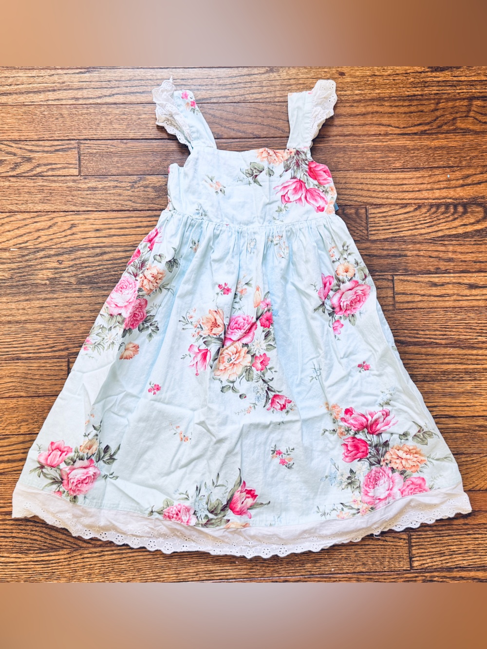 Girls Floral Lace-Trim Sundress - Baby Blue with Pink Roses
